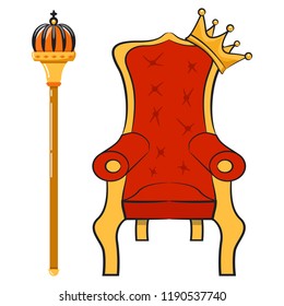 Vector illustration of cartoon scepter, throne of the king and crown