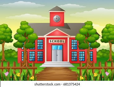 Vector illustration of Cartoon school building with green yard
