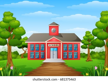 Vector illustration of Cartoon school building with green yard
