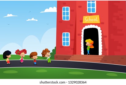 Vector illustration of cartoon school children going to school building