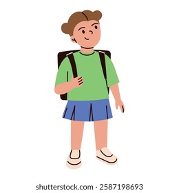 Vector illustration of cartoon school girl with backpack, wearing green shirt and blue skirt. Cute and happy child standing confidently. Elementary student character. Flat and modern style