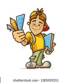 Vector Illustration of a Cartoon Schoolkid Holding a Book and a Pencil.