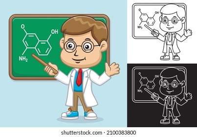 Vector illustration of cartoon scientist boy in lab coat with blackboard in classroom