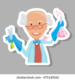 Vector illustration of Cartoon Scientist doing experiments. Icone on gray background.