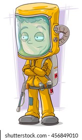 A vector illustration of cartoon scientist in protective gear