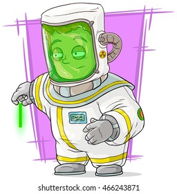 A vector illustration of cartoon scientist in protective suit with uranium