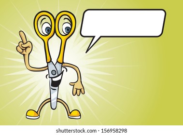Vector illustration of cartoon scissors character with speech balloon. Easy-edit layered vector EPS10 file scalable to any size without quality loss. High resolution raster JPG file is included.