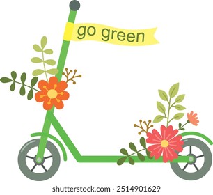 Ilustração vetorial de scooter cartoon, flores e inscrição ficam verdes. Conceito de transporte ecológico