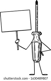 Vector illustration of cartoon screwdriver character holding empty sign in hand. Craft or tool advertisement or marketing design.