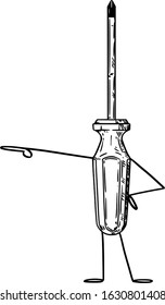 Vector illustration of cartoon screwdriver character showing or pointing at something by hand. Craft or tool advertisement or marketing design.