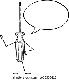Vector illustration of cartoon screwdriver character with speech bubble. Craft or tool advertisement or marketing design.