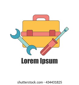 Vector illustration with cartoon screwdriver, wrench and toolbox. Repair tools background. Vector illustration with toolkit objects. Isolated repair tools logo on white background.