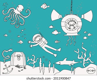 Vector illustration of cartoon scuba divers searching for treasure on sea bottom among marine life