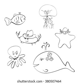 Vector illustration cartoon sea animals mask carnival hand drawn outline set, every character decorated with different accessories. Can be used as coloring book.