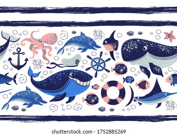 Vector illustration of cartoon sea horizontal pattern with, sailor shirt, moon fish, whale, cachalot,  tuna, marlin, dolphin, octopus. Illustration on white backgrounde. 
