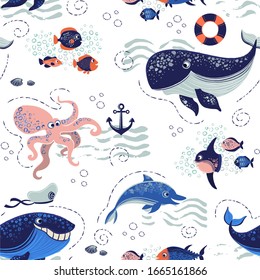 Vector illustration of cartoon sea inhabitant on white backgrounde. Vector pattern of cute sea animals  on the waves.