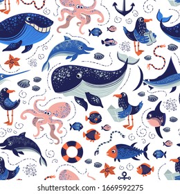 Vector illustration of cartoon sea pattern on white backgrounde. Picture of different ocean dwellers sailling the sea.