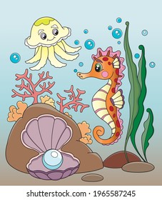 Vector illustration of Cartoon the seahorse and jellyfish.