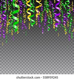 Vector illustration of cartoon seamless border background with carnival party serpentine decoration. yellow green purple streamer for mardi gras isolated on transparent