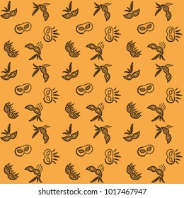 Vector illustration of cartoon seamless pattern with carnival party colored mask, fleur de lis, joker hat isolated on orange background