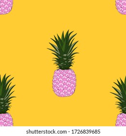 Vector illustration cartoon, Seamless pattern with Pink pineapple on yellow background with copy space, Natural tropical sweet and sour fruits, Healthy food life style concept