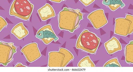 A vector illustration of cartoon seamless pattern with cute sandwiches