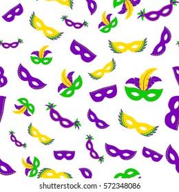 Vector illustration of cartoon seamless pattern with carnival party colored mask isolated on white background