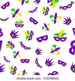 Vector illustration of cartoon seamless pattern with carnival party colored mask, fleur de lis, joker hat isolated on white background