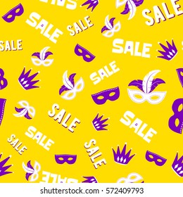 Vector illustration of cartoon seamless pattern with carnival party colored mask, joker hat, text sign isolated on yellow background