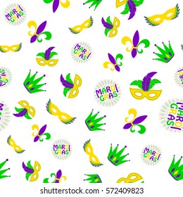 Vector illustration of cartoon seamless pattern with carnival party colored mask, fleur de lis, joker hat, text sign isolated on white background