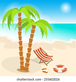 vector illustration cartoon seashore with palms and chaise-longue- eps10