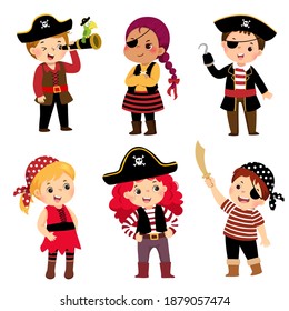 Vector illustration cartoon set of cute kids dressed in pirate costumes.