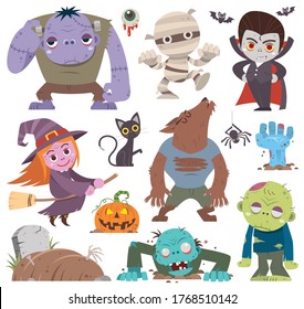 Vector illustration of Cartoon Set Halloween characters. Mummy, zombie, vampire, witch, pumpkin head