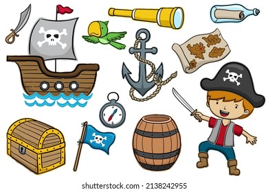 Vector illustration of cartoon set pirate characters, pirate sailing elements