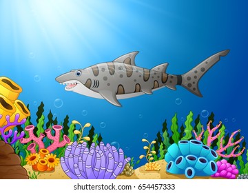 Vector illustration of Cartoon shark fish in the beautiful underwater