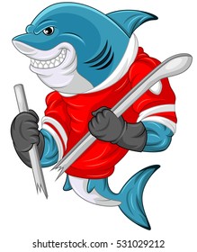 Vector illustration of Cartoon shark mascot wearing a hockey jersey while holding a stick which was cut