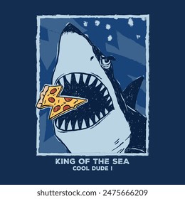 Vector illustration of cartoon Shark with pizza . For boys t-shirt.