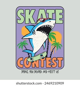 Vector illustration of a cartoon shark riding a skateboard and typography letter.