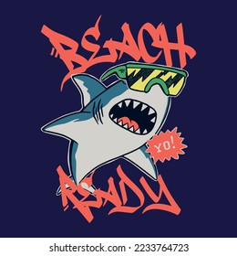 Vector illustration of cartoon shark with typography elements. For boys T-shirt.