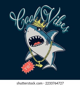 Vector illustration of cartoon shark with typography elements. For boys T-shirt.