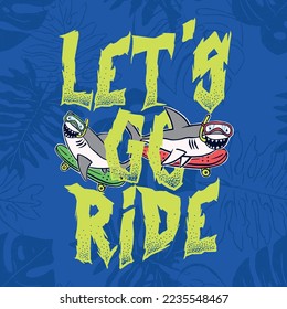 Vector illustration of cartoon shark wearing diving goggles with riding a skateboard and tropical leaves background elements.