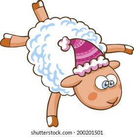 Vector illustration of cartoon sheep character in Christmas hat isolated on white.