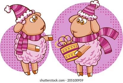 Vector illustration of cartoon sheep character in Christmas hat isolated on white. 