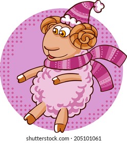 Vector illustration of cartoon sheep character in Christmas hat isolated on white. 