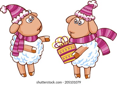 Vector illustration of cartoon sheep character in Christmas hat isolated on white. 