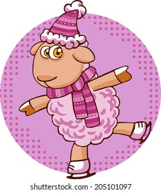 Vector illustration of cartoon sheep character in Christmas hat isolated on white. 