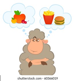 Vector illustration of cartoon sheep chooses between a healthy food and harmful fast food