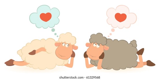 Vector illustration of cartoon sheep dreams about love