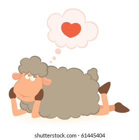 Vector illustration of cartoon sheep dreams about love