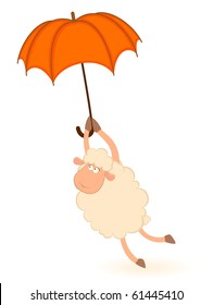 Vector illustration of cartoon sheep flies on a red umbrella